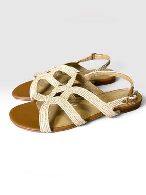 Talbots Cream Woven Strappy Flat Sandals Size 9M Raffia Slingback